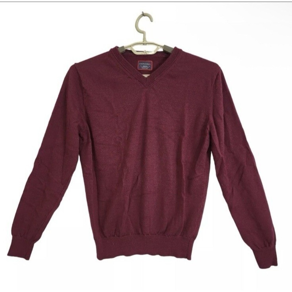 Untuckit Mens Medium Merino Wool Sweater Men Burgundy Long Sleeve Pullover VNeck
